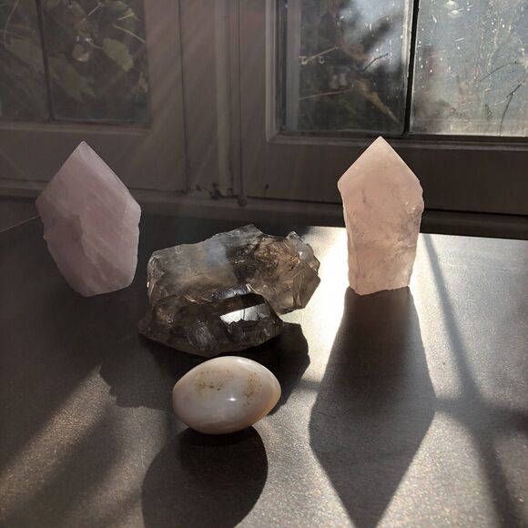 Elestial Smoky Quartz, Rose Quartz & Agate Set  Heart Healing & Balance Crystals - Picture 3 of 9